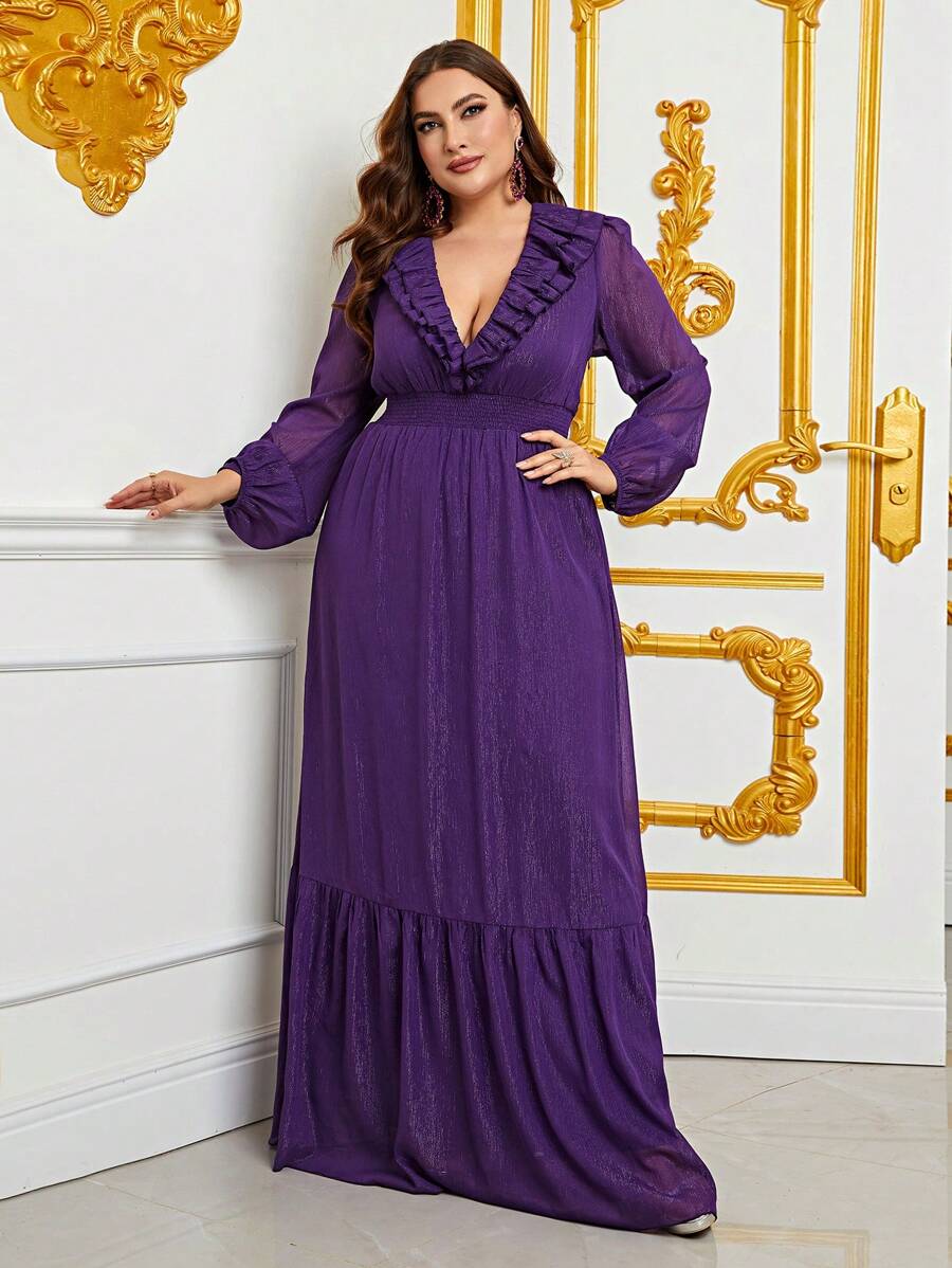 Plus Plunging Neck Ruffle Hem Dress - Purple - View 1