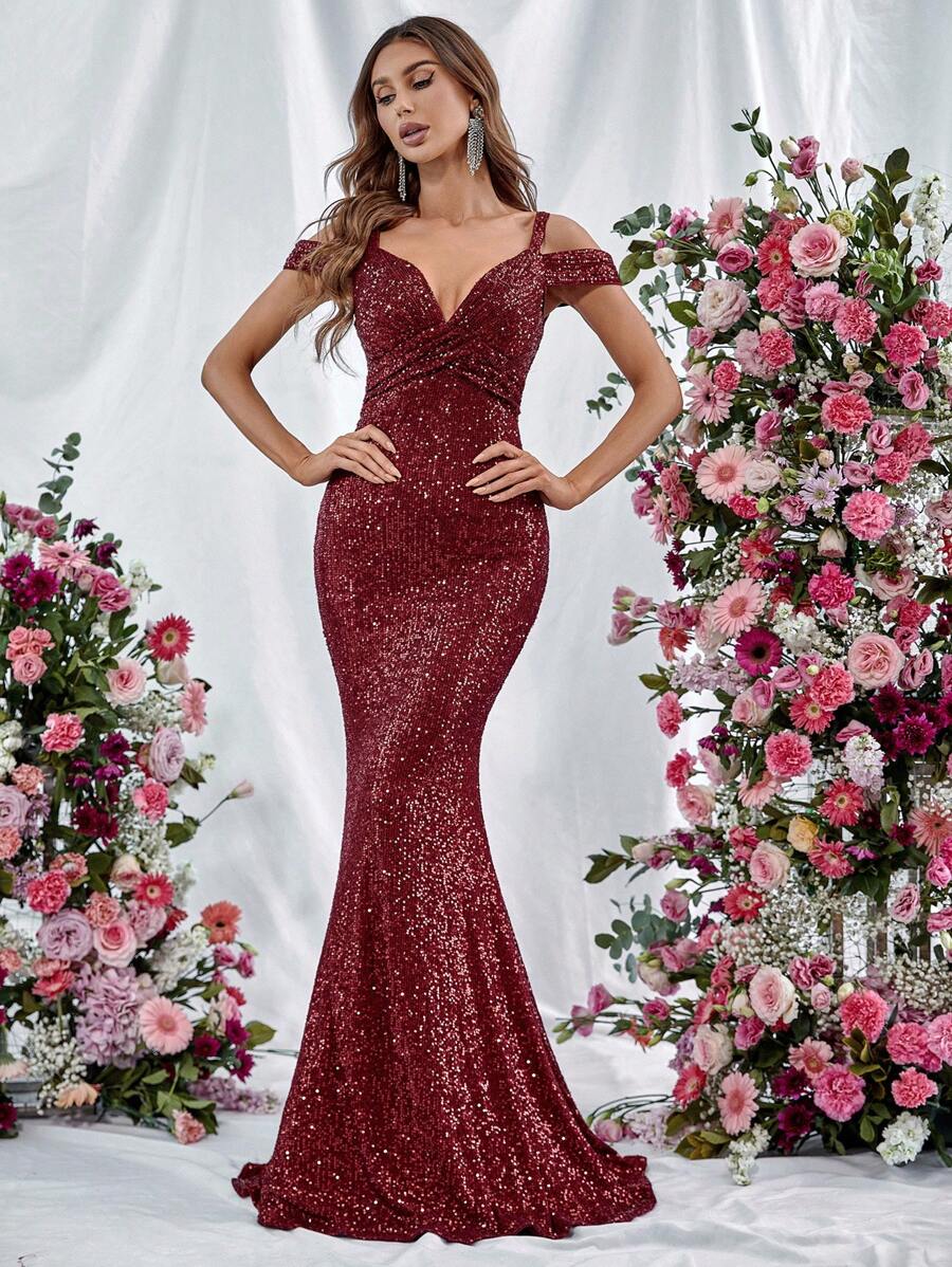 Cold Shoulder Sequin Mermaid Hem Formal Dress - Burgundy - View 1