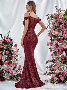 Cold Shoulder Sequin Mermaid Hem Formal Dress - Burgundy - View 2