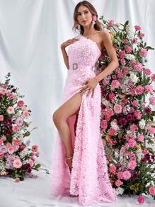 One Shoulder Split Thigh Belted Formal Dress - Baby Pink - View 6