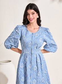 Mulvari Đầm Dây kéo Hoa Tất cả trên in Thanh lịch - Màu xanh lam - Xem 5