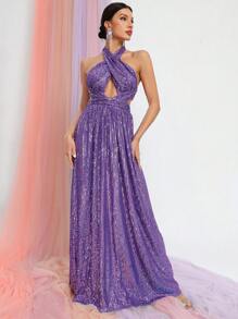 Đầm Lộ Lưng Cắt ra Hội Chữ thập màu trơn Buổi tiệc - Màu tím - Xem 4