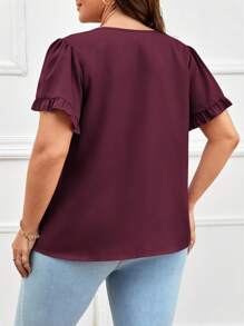 SHEIN Clasi 大碼素色荷葉袖襯衫 - 紫紅色 - 查看 2