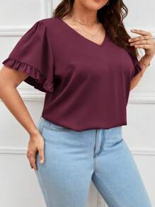 SHEIN Clasi 大碼素色荷葉袖襯衫 - 紫紅色 - 查看 3