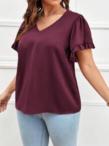 SHEIN Clasi 大碼素色荷葉袖襯衫 - 紫紅色 - 查看 4