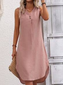 SHEIN LUNE Solid Button Detail Sleeveless Dress - Pink - View 5