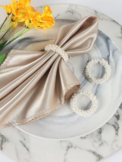 6pcs Simple & Fashionable Natural Style White Pearl Beaded Napkin Rings, Perfect For Home, Kitchen, Restaurant, Hotel, Farmhouse, Festivals, Weddings, Parties And Family Dinners Table Decoration