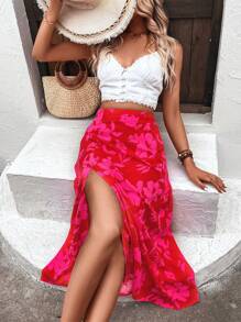 Breezaya 印花高衩半身裙 - 紅色 - 查看 1