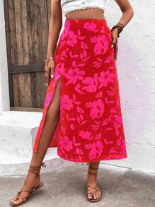 Breezaya 印花高衩半身裙 - 紅色 - 查看 3