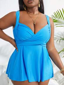 SHEIN Swim Curve Tankini con pliegues y push-up para tallas grandes, para la playa de verano