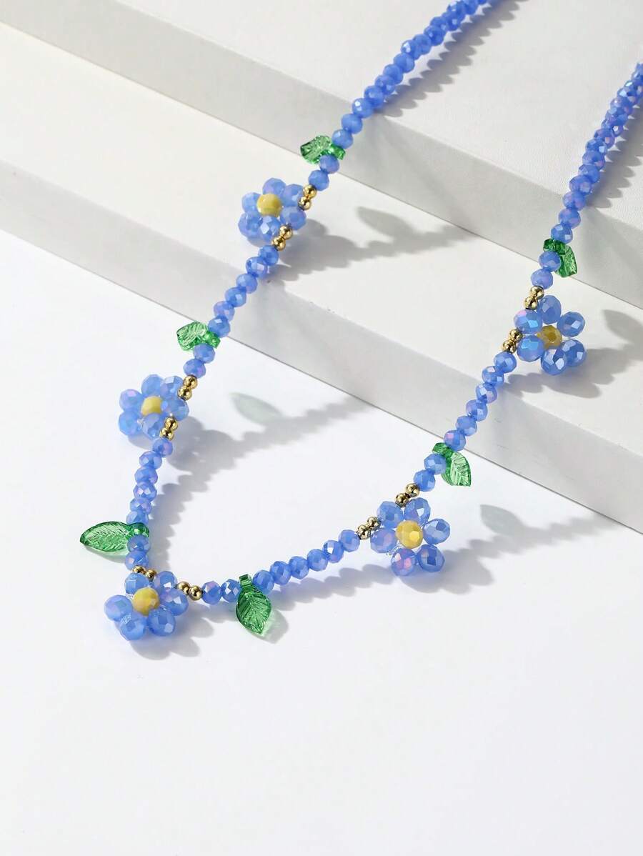 1 PC Thời Trang Lá & Hoa Vòng Cổ Đính Hạt Dành Cho Nữ Trang Trí Hàng Ngày - Màu xanh lam - Xem 1