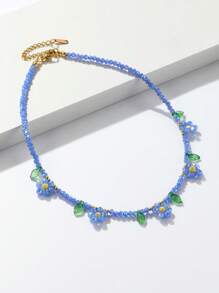 1 PC Thời Trang Lá & Hoa Vòng Cổ Đính Hạt Dành Cho Nữ Trang Trí Hàng Ngày - Màu xanh lam - Xem 2