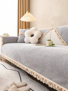 1pc Ins Style Chenille Tassel Sofa Cushion - Light Grey - View 1