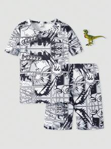 適用於青少年男孩的信封和恐龍印花緊身tee和短褲睡衣套裝 - 黑與白 - 查看 1