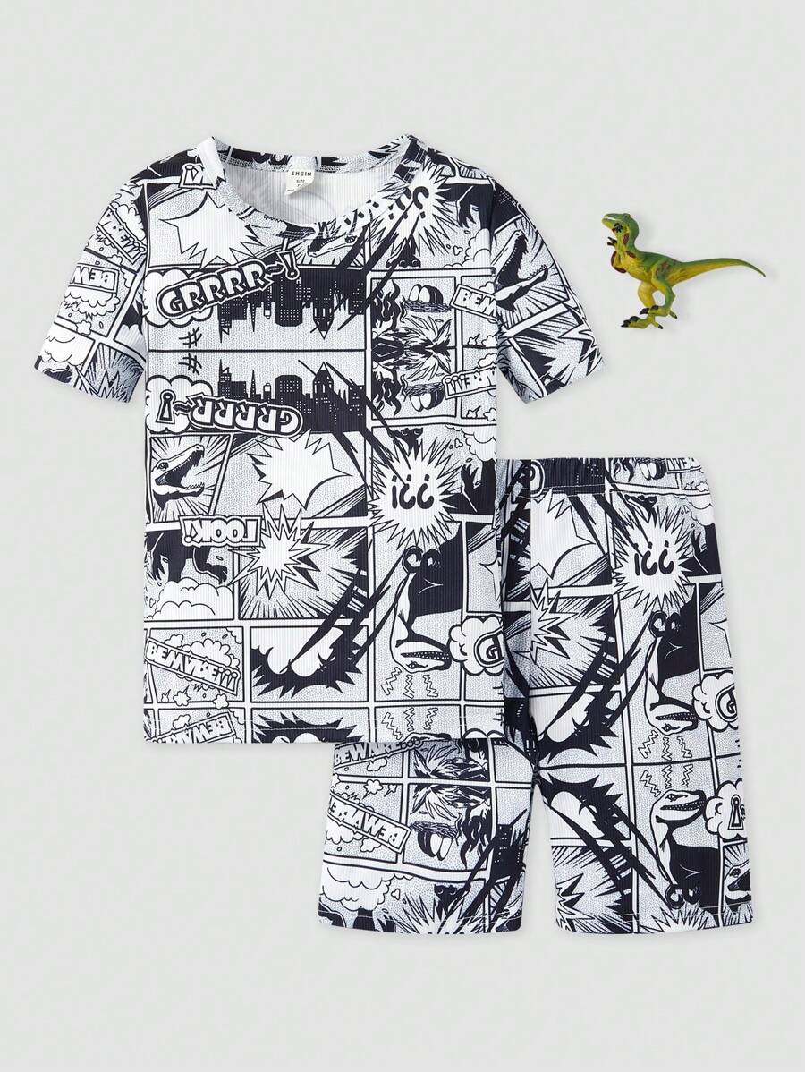 適用於青少年男孩的信封和恐龍印花緊身tee和短褲睡衣套裝 - 黑與白 - 查看 1