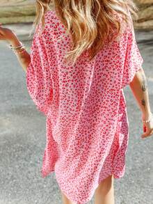 Leopard Print Batwing Sleeve Cover Up Summer - Hot Pink - View 2
