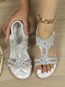 Women Metallic Rhinestone Decor Slingback Sandals, Glamorous Summer Flat Sandals - Silver - View 2