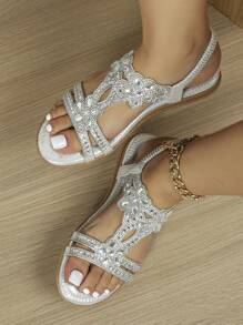 Women Metallic Rhinestone Decor Slingback Sandals, Glamorous Summer Flat Sandals - Silver - View 4