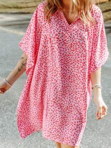 Leopard Print Batwing Sleeve Cover Up Summer - Hot Pink - View 4