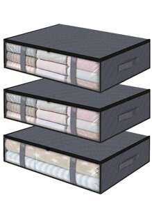 1pc Plain Clothes Storage Bag, Simple Black Non-woven Fabric Foldable Storage Bag For Bedroom - Grey - View 1