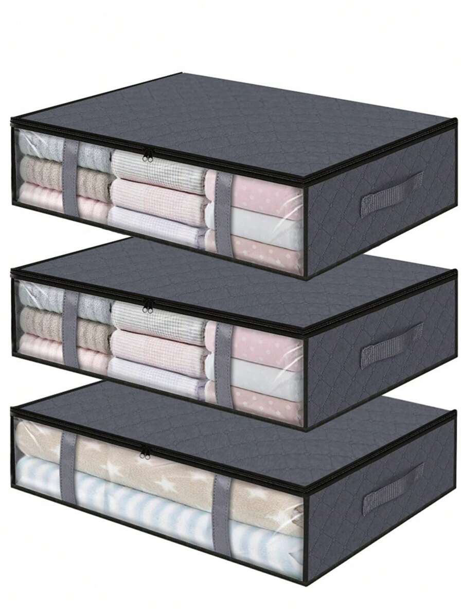 1pc Plain Clothes Storage Bag, Simple Black Non-woven Fabric Foldable Storage Bag For Bedroom - Grey - View 1