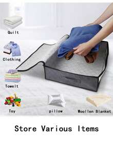 1pc Plain Clothes Storage Bag, Simple Black Non-woven Fabric Foldable Storage Bag For Bedroom - Grey - View 4