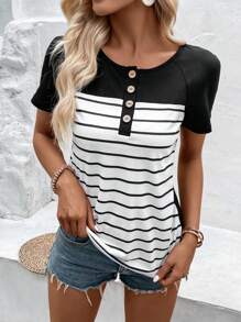 SHEIN LUNE Áo thun nữ Nút phía trước Sọc Giải trí - màu đen - Xem 3