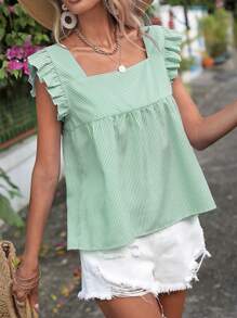 Breezaya Striped Print Square Neck Ruffle Trim Blouse - Green - View 1