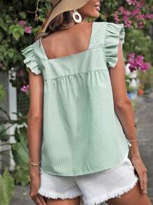 Breezaya Striped Print Square Neck Ruffle Trim Blouse - Green - View 2
