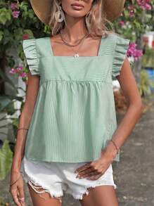 Breezaya Striped Print Square Neck Ruffle Trim Blouse - Green - View 3