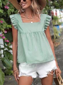 Breezaya Striped Print Square Neck Ruffle Trim Blouse - Green - View 4