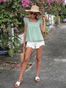 Breezaya Striped Print Square Neck Ruffle Trim Blouse - Green - View 5