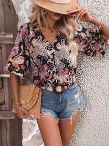 SHEIN LUNE 佩斯利印花V領襯衫 - 黑色 - 查看 1