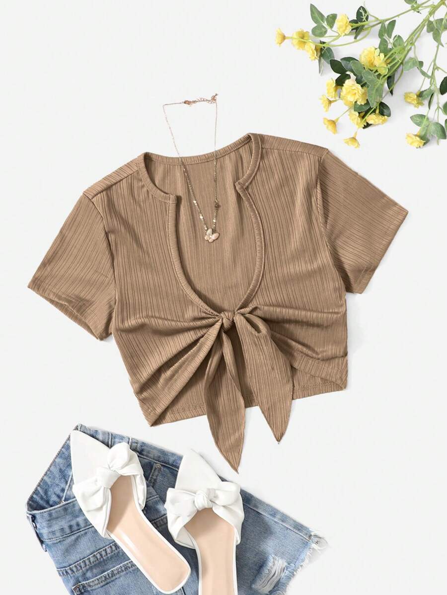 SHEIN EZwear Áo nữ Gân đan Thắt nơ trước màu trơn Giải trí - Màu Khaki - Xem 1
