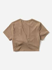 SHEIN EZwear Áo nữ Gân đan Thắt nơ trước màu trơn Giải trí - Màu Khaki - Xem 2