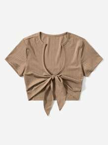 SHEIN EZwear Áo nữ Gân đan Thắt nơ trước màu trơn Giải trí - Màu Khaki - Xem 3
