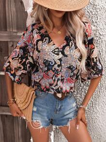 SHEIN LUNE 佩斯利印花V領襯衫 - 黑色 - 查看 5