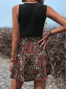 SHEIN Holidaya 缺口領背心上衣和佩斯利印花腰帶半身裙 - 彩色 - 查看 2