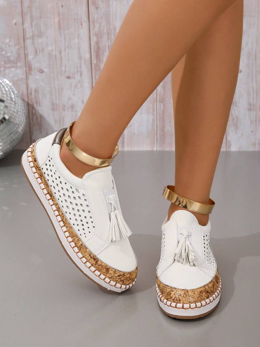 Women Tassel Decor Hollow Out Slip On Shoes, Sporty Outdoor Sneakers