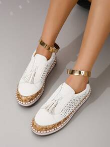 Women Tassel Decor Hollow Out Slip On Shoes, Sporty Outdoor Sneakers