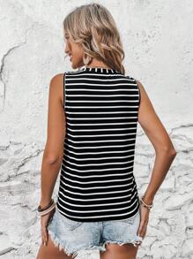 SHEIN LUNE Top a canotta con stampa a righe e dettagli con bottoni, magliette grafiche da donna