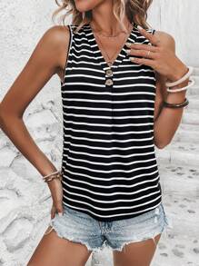 SHEIN LUNE Top a canotta con stampa a righe e dettagli con bottoni, magliette grafiche da donna