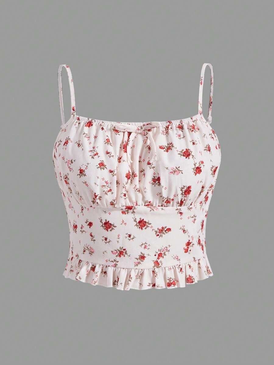 SHEIN 青少年女孩碎花荷葉邊吊帶上衣 - 彩色 - 查看 1