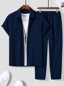 Manfinity Homme Bộ hai mảnh Nam Dây kéo Nút phía trước màu trơn Giải trí - Màu xanh hải quân - Xem 1