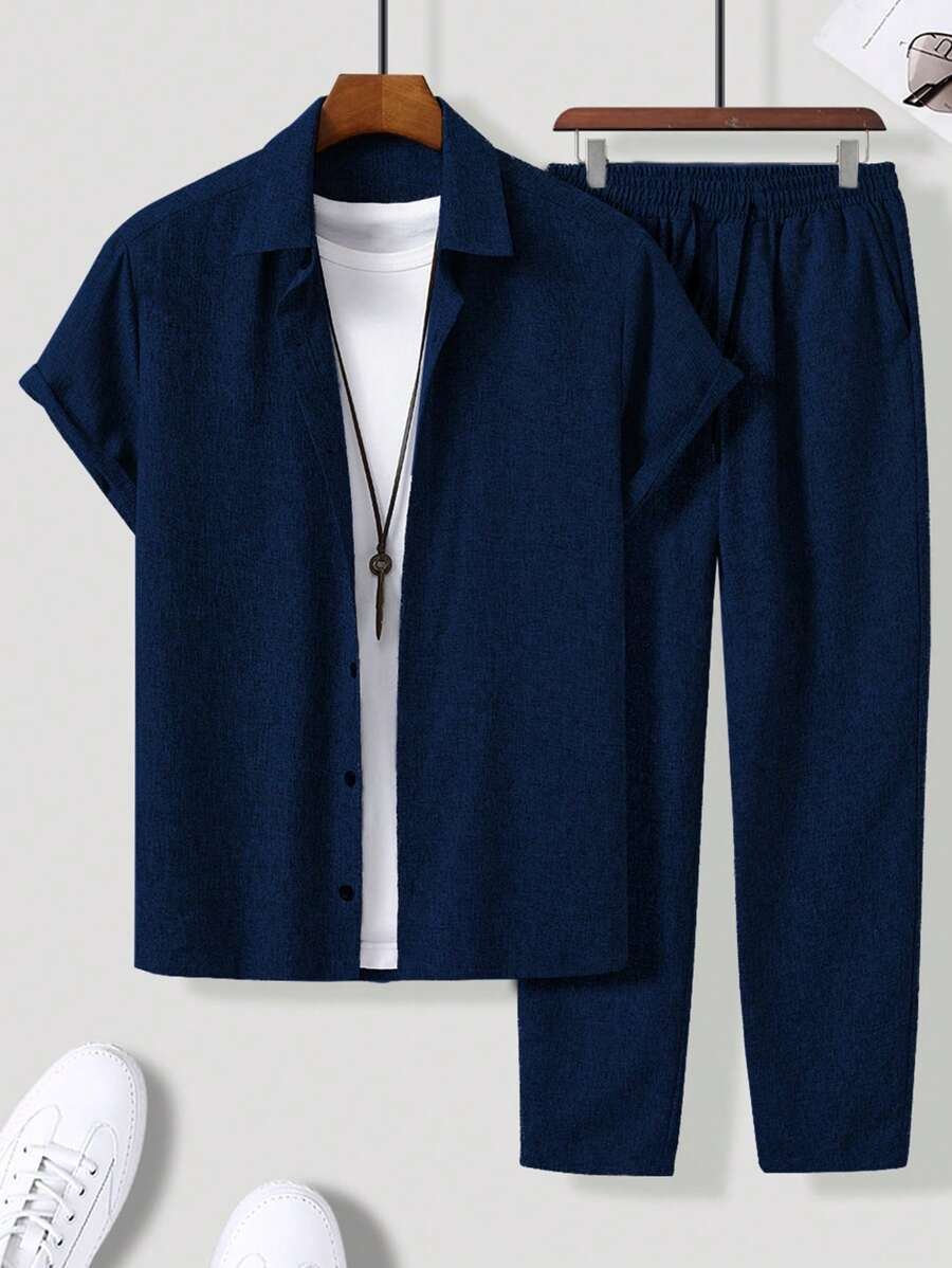 Manfinity Homme Bộ hai mảnh Nam Dây kéo Nút phía trước màu trơn Giải trí - Màu xanh hải quân - Xem 1