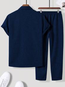 Manfinity Homme Bộ hai mảnh Nam Dây kéo Nút phía trước màu trơn Giải trí - Màu xanh hải quân - Xem 2