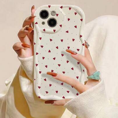 白色爱心图案新颖TPU白色波浪边框防震手机壳，1个装，兼容 11、12、13、14、12 Pro Max、13 Pro Max、14 Pro Max、15、15 Pro、15 Plus、15 Pro Max、16、16 Pro、16 Plus、16 Pro Max以及A03、A04、A12、A13、A23、A24、A33、A34、A52、A72、A73、17 Air、17 Pro Max，春季礼物，生日周年纪念派对，国际版，非国内版。