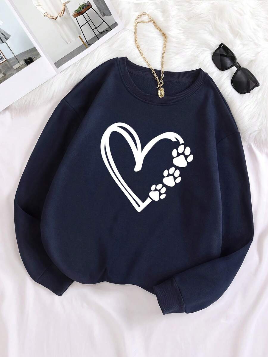 SHEIN LUNE Heart Print Thermal Lined Sweatshirt - Navy Blue - View 1