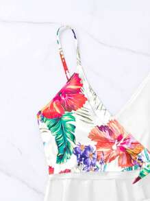 Floral Print Knot Side Swim Dress Summer Beach - White - View 3