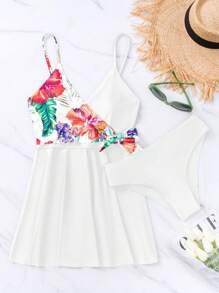 Floral Print Knot Side Swim Dress Summer Beach - White - View 5